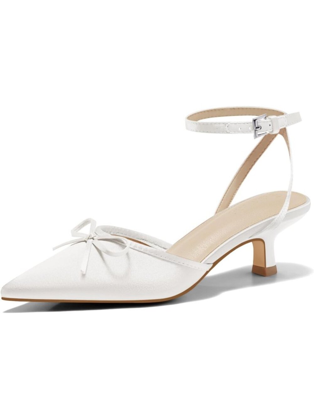 Women's White Pump Pointed Toe Imported Comfortable Satin Kitten Low Heel